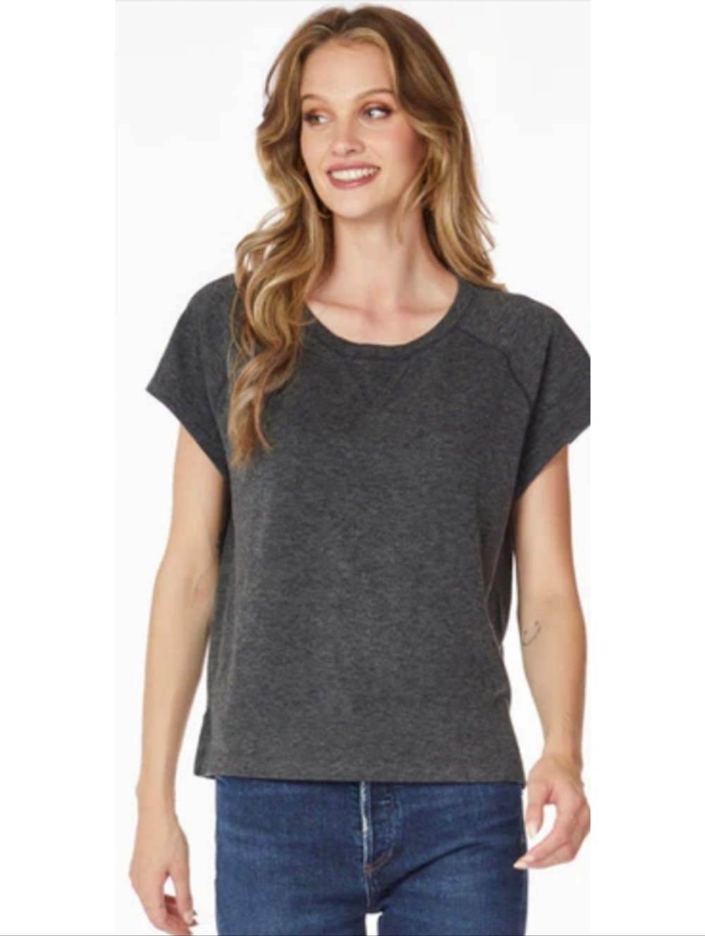 Bobi Short Sleeve Raglan Sweatshirt Top in Charcoal Gray Small